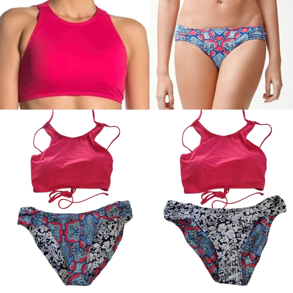 Tommy Bahama 2 Piece Swimsuit, High Neck Top, Rivera Tile Reversable Bottom, Med